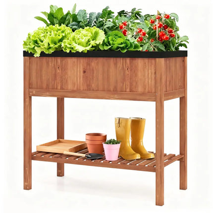 Outdoor Raised Garden Bed Fir Wood Planter Box with Bottom Storage Shelf and Protective Liner-Brown - Brown - Raised