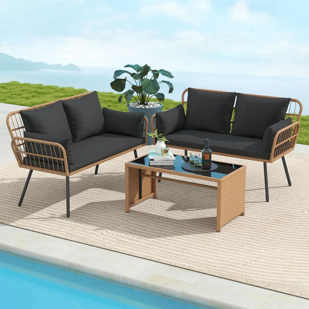 Outdoor Rattan 2-Seat Chair with Seat Back Cushions and Heavy-Duty Metal Legs-Black - Black - Outdoor Chaise Lounges