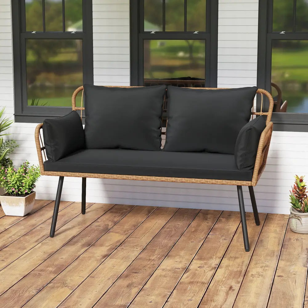 Outdoor Rattan 2-Seat Chair with Seat Back Cushions and Heavy-Duty Metal Legs-Black - Black - Outdoor Chaise Lounges