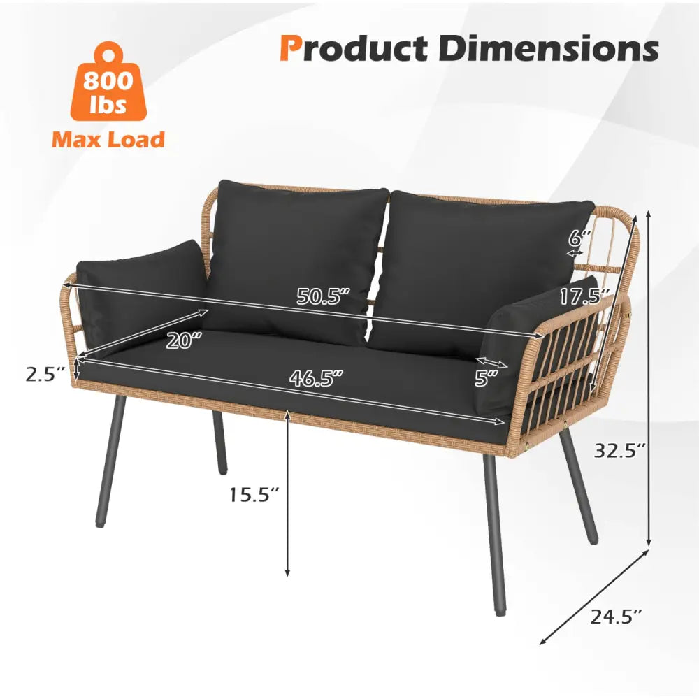 Outdoor Rattan 2-Seat Chair with Seat Back Cushions and Heavy-Duty Metal Legs-Black - Black - Outdoor Chaise Lounges