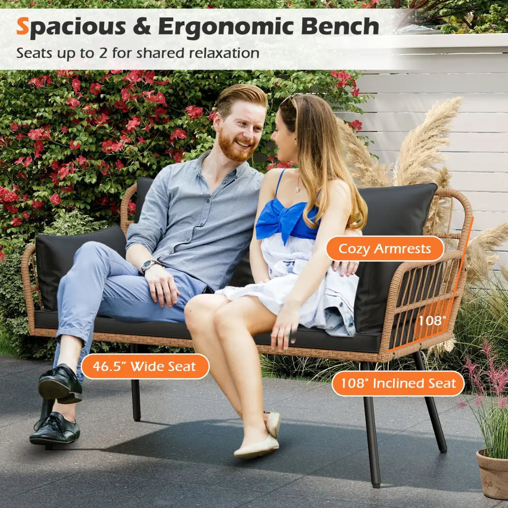 Outdoor Rattan 2-Seat Chair with Seat Back Cushions and Heavy-Duty Metal Legs-Black - Black - Outdoor Chaise Lounges