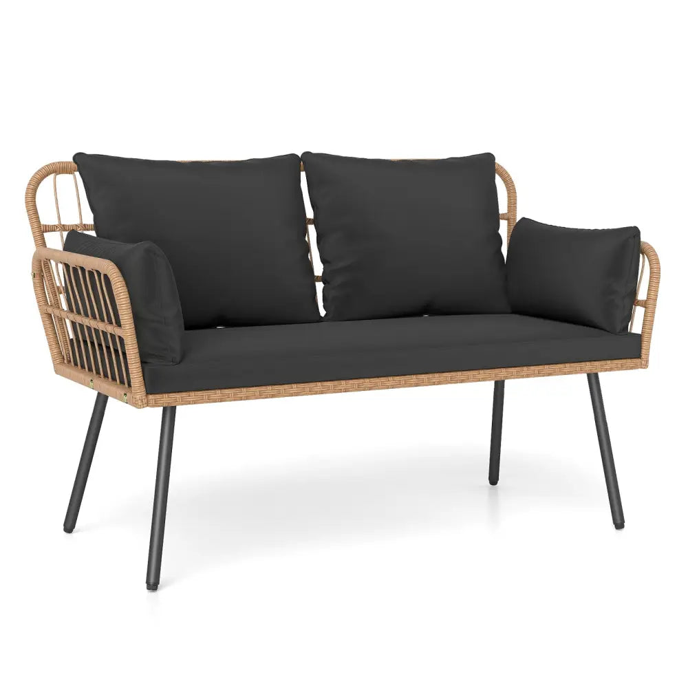 Outdoor Rattan 2-Seat Chair with Seat Back Cushions and Heavy-Duty Metal Legs-Black - Black - Outdoor Chaise Lounges