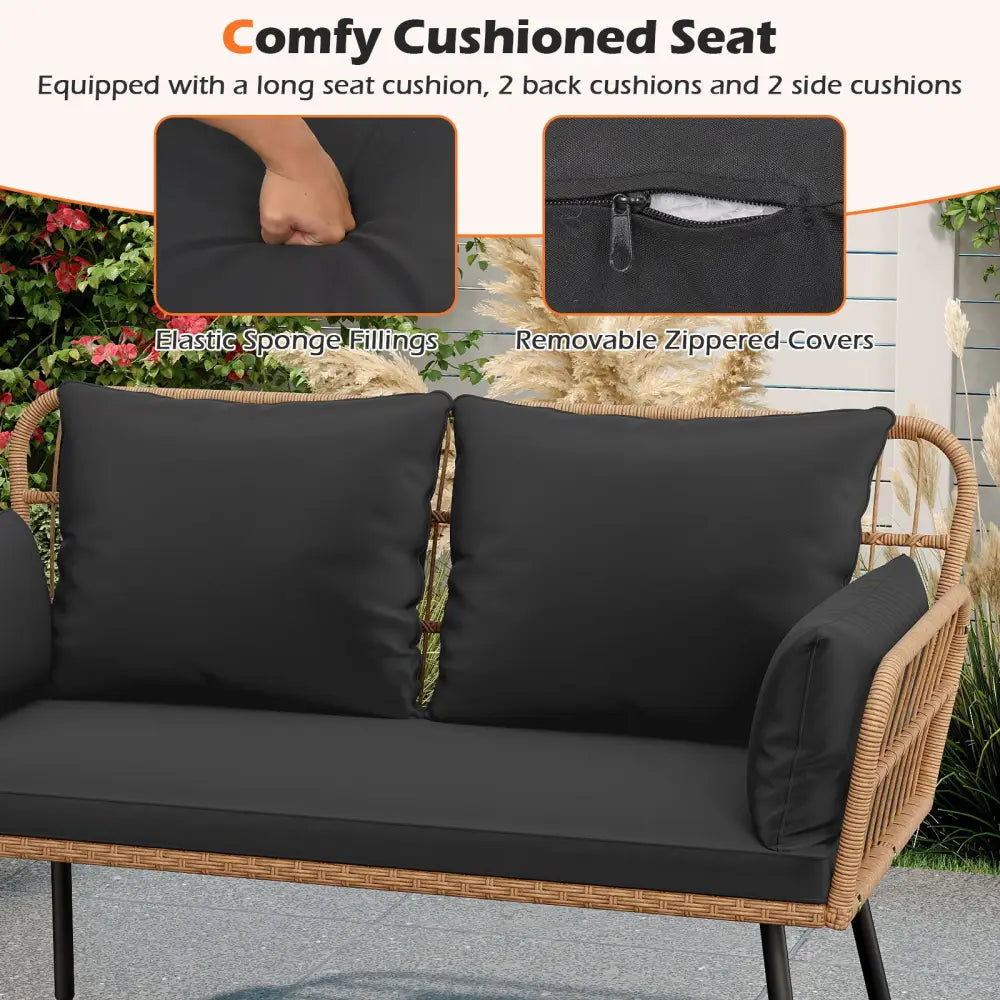 Outdoor Rattan 2-Seat Chair with Seat Back Cushions and Heavy-Duty Metal Legs-Black - Black - Outdoor Chaise Lounges