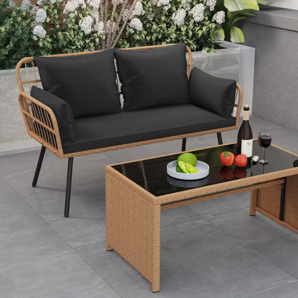 Outdoor Rattan 2-Seat Chair with Seat Back Cushions and Heavy-Duty Metal Legs-Black - Black - Outdoor Chaise Lounges