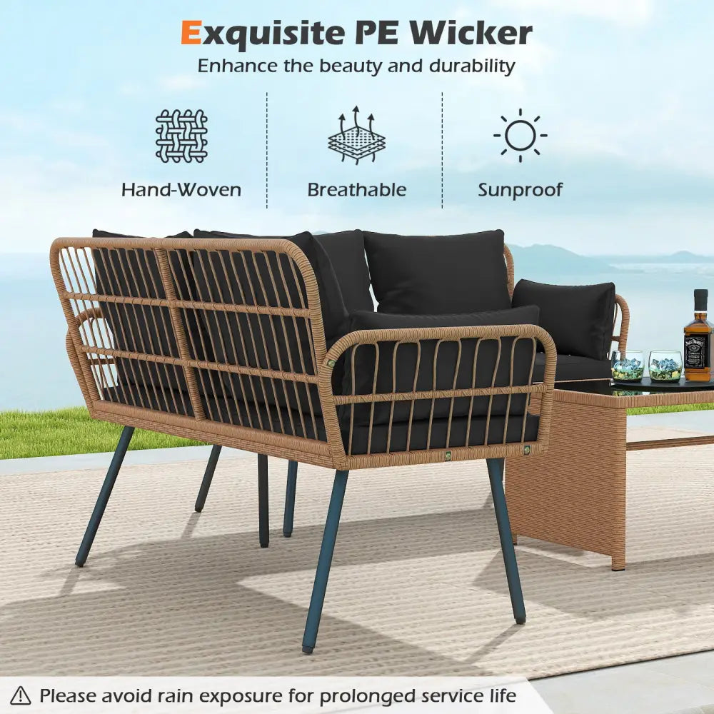 Outdoor Rattan 2-Seat Chair with Seat Back Cushions and Heavy-Duty Metal Legs-Black - Black - Outdoor Chaise Lounges
