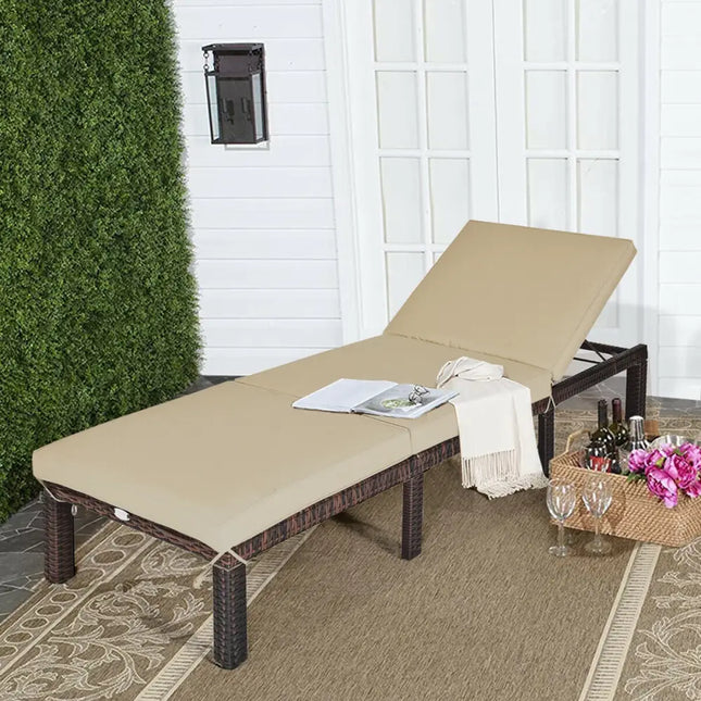 Outdoor Rattan Adjustable Cushioned Chaise - Brown - Outdoor Chaise Lounges