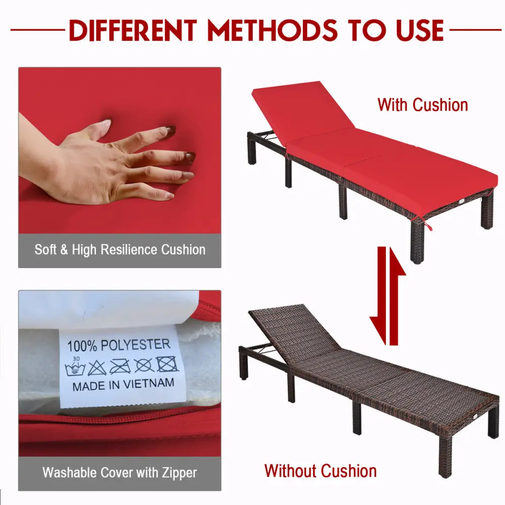 Outdoor Rattan Adjustable Cushioned Chaise-Red - Red - Outdoor Chaise Lounges