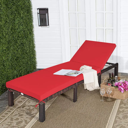 Outdoor Rattan Adjustable Cushioned Chaise-Red - Red - Outdoor Chaise Lounges
