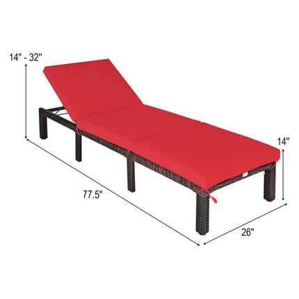 Outdoor Rattan Adjustable Cushioned Chaise-Red - Red - Outdoor Chaise Lounges