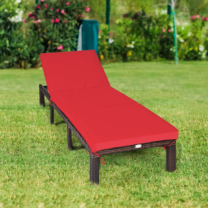 Outdoor Rattan Adjustable Cushioned Chaise-Red - Red - Outdoor Chaise Lounges