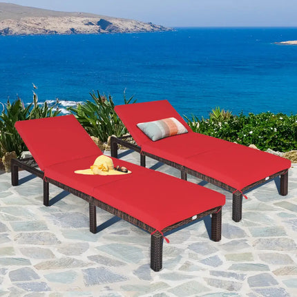Outdoor Rattan Adjustable Cushioned Chaise-Red - Red - Outdoor Chaise Lounges