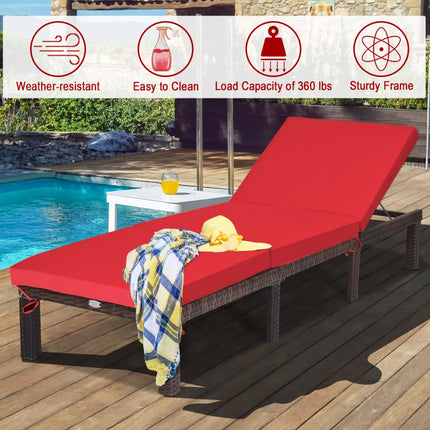 Outdoor Rattan Adjustable Cushioned Chaise-Red - Red - Outdoor Chaise Lounges