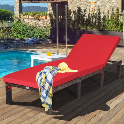 Outdoor Rattan Adjustable Cushioned Chaise-Red - Red - Outdoor Chaise Lounges