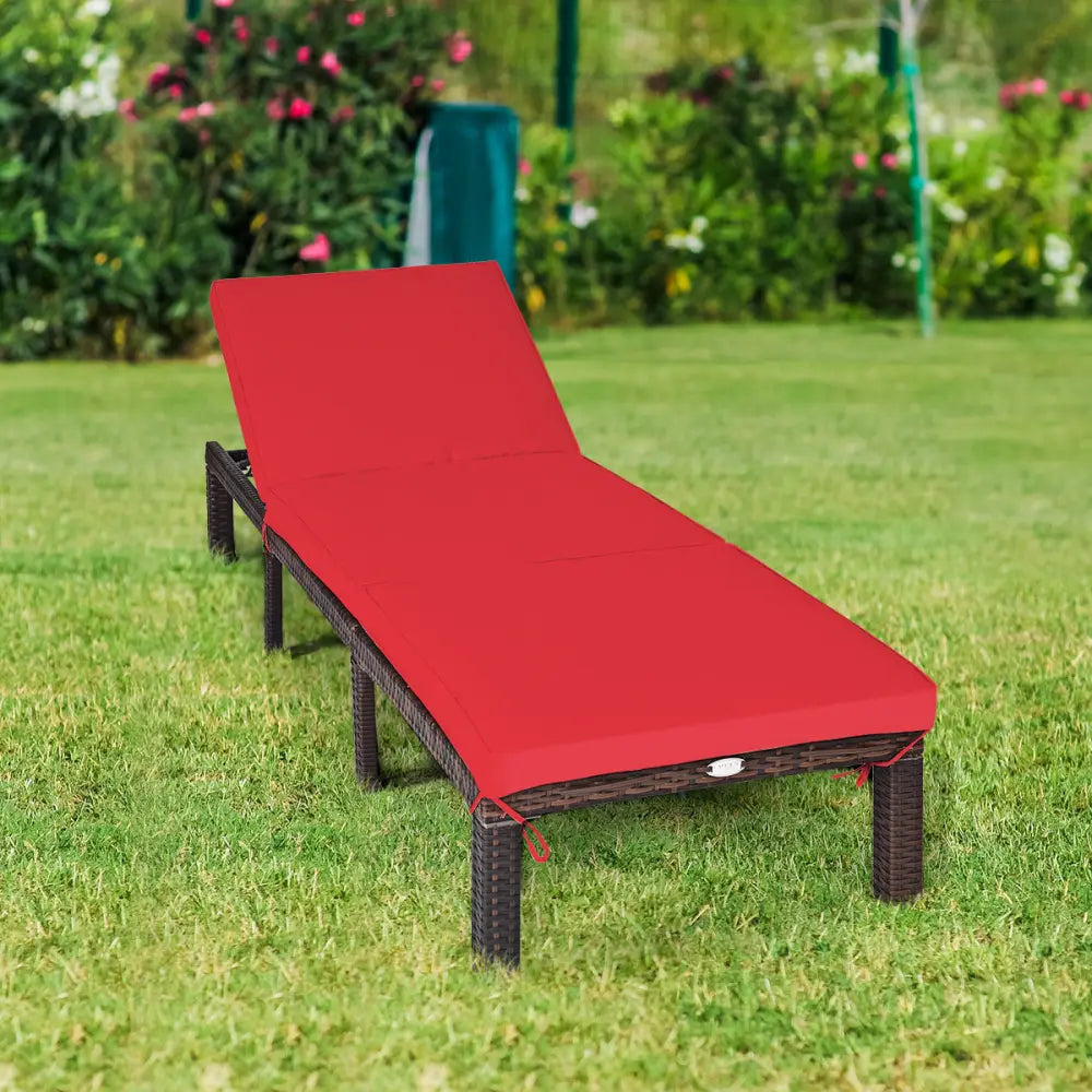 Outdoor Rattan Adjustable Cushioned Chaise-Red - Red - Outdoor Chaise Lounges