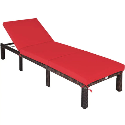 Outdoor Rattan Adjustable Cushioned Chaise-Red - Red - Outdoor Chaise Lounges