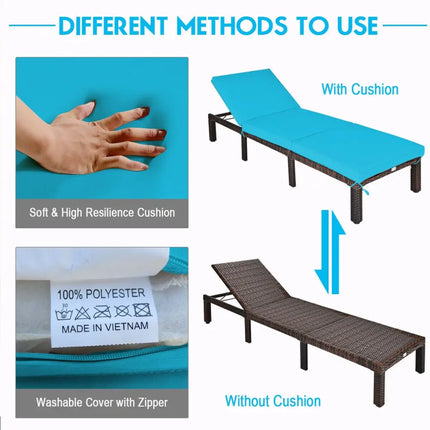 Outdoor Rattan Adjustable Cushioned Chaise-Turquoise - Turquoise - Outdoor Chaise Lounges
