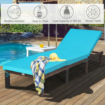 Outdoor Rattan Adjustable Cushioned Chaise-Turquoise - Turquoise - Outdoor Chaise Lounges