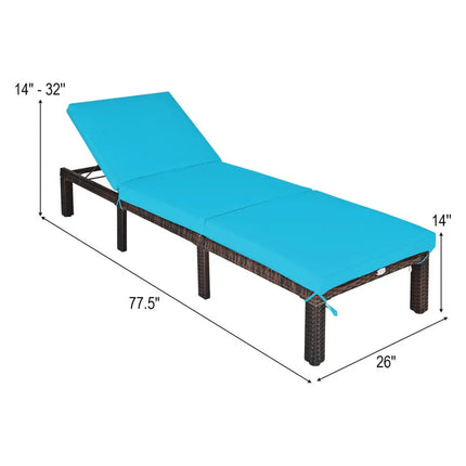 Outdoor Rattan Adjustable Cushioned Chaise-Turquoise - Turquoise - Outdoor Chaise Lounges