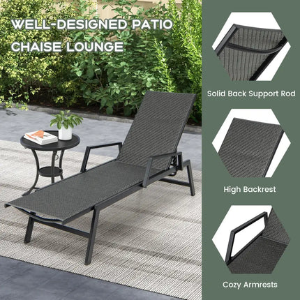Outdoor Rattan Chaise Lounge Reclining Chair with Armrests and 5-Position Backrest-Brown - Brown - Outdoor Chaise