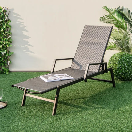 Outdoor Rattan Chaise Lounge Reclining Chair with Armrests and 5-Position Backrest-Brown - Brown - Outdoor Chaise