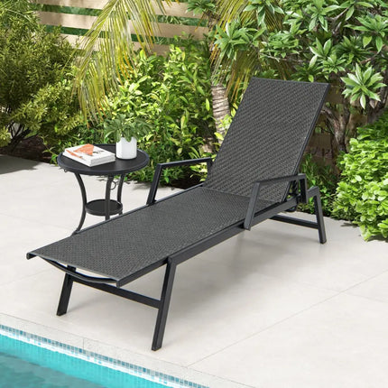 Outdoor Rattan Chaise Lounge Reclining Chair with Armrests and 5-Position Backrest-Brown - Brown - Outdoor Chaise