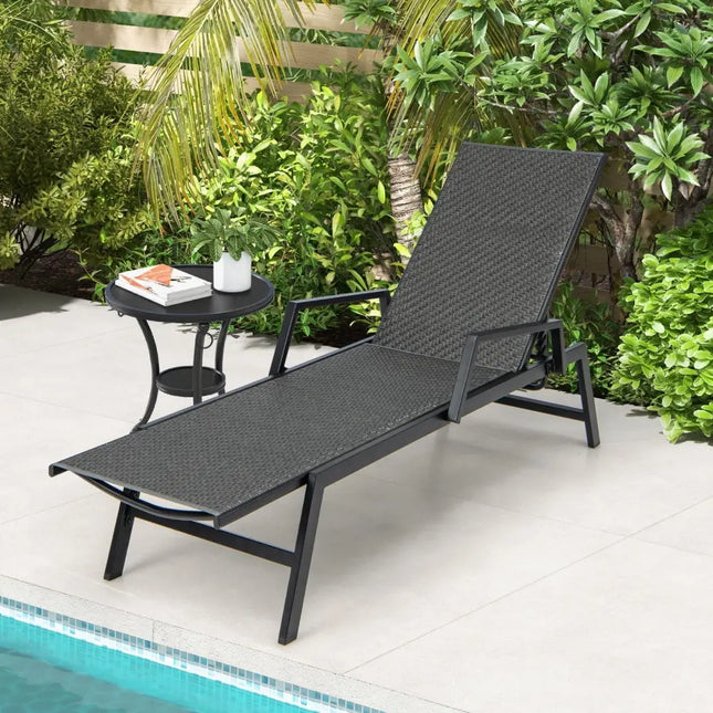 Outdoor Rattan Chaise Lounge Reclining Chair with Armrests and 5-Position Backrest-Brown - Brown - Outdoor Chaise