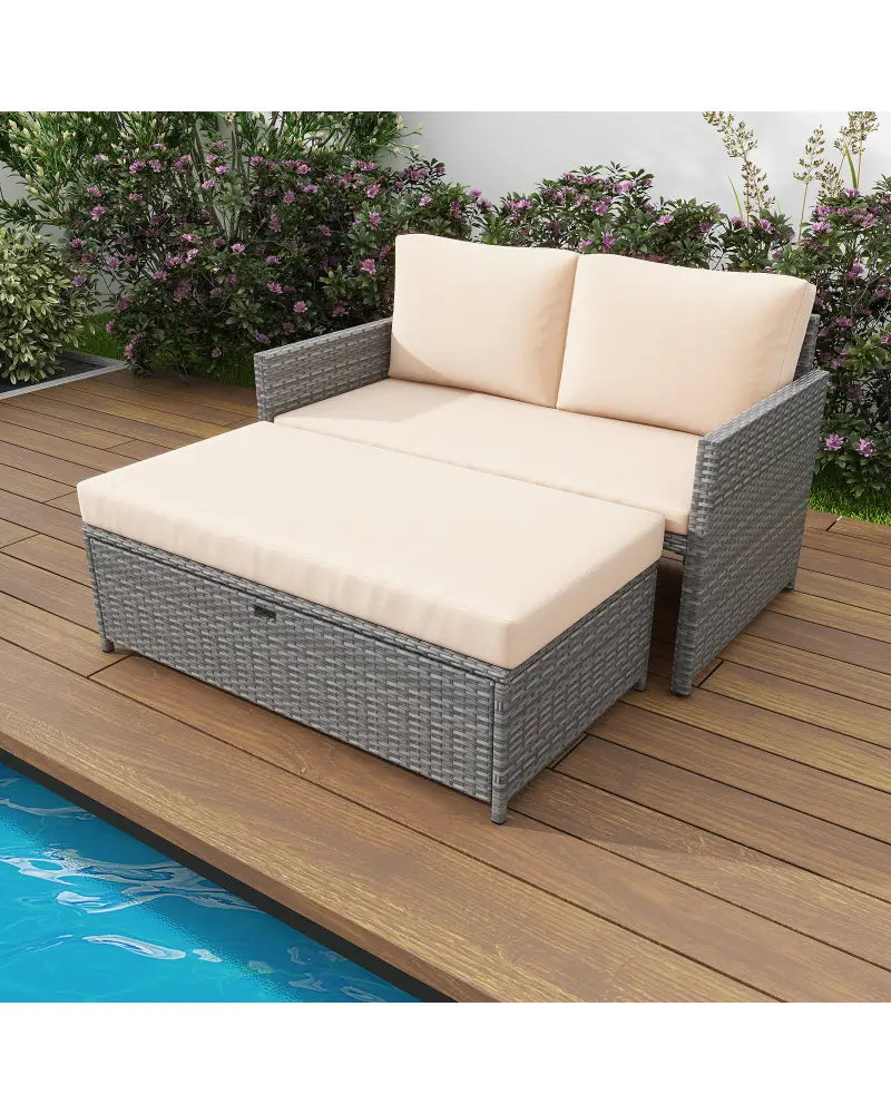 Outdoor Rattan Daybed Wicker Loveseat and 31 Gallon Storage Ottoman-Brown - Brown - Outdoor Sectionals