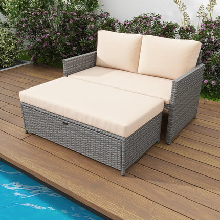 Outdoor Rattan Daybed Wicker Loveseat and 31 Gallon Storage Ottoman-Brown - Brown - Outdoor Sectionals