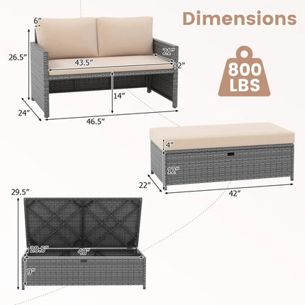 Outdoor Rattan Daybed Wicker Loveseat and 31 Gallon Storage Ottoman-Brown - Brown - Outdoor Sectionals