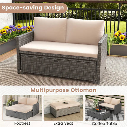 Outdoor Rattan Daybed Wicker Loveseat and 31 Gallon Storage Ottoman-Brown - Brown - Outdoor Sectionals
