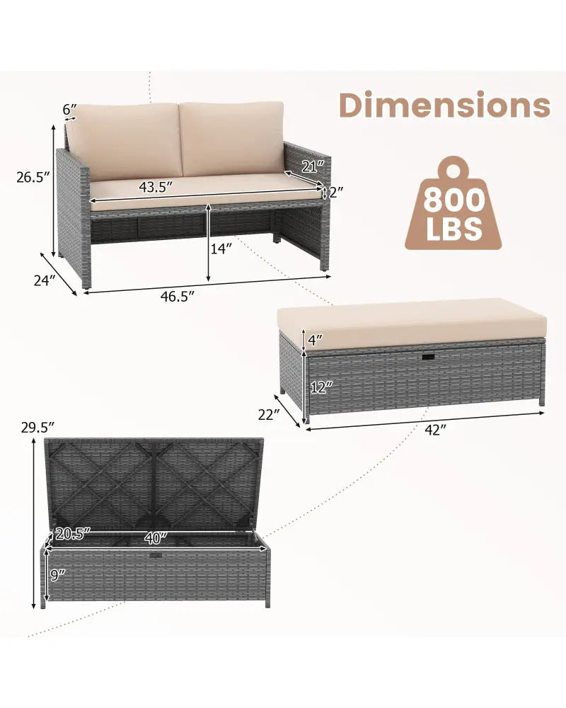 Outdoor Rattan Daybed Wicker Loveseat and 31 Gallon Storage Ottoman-Brown - Brown - Outdoor Sectionals
