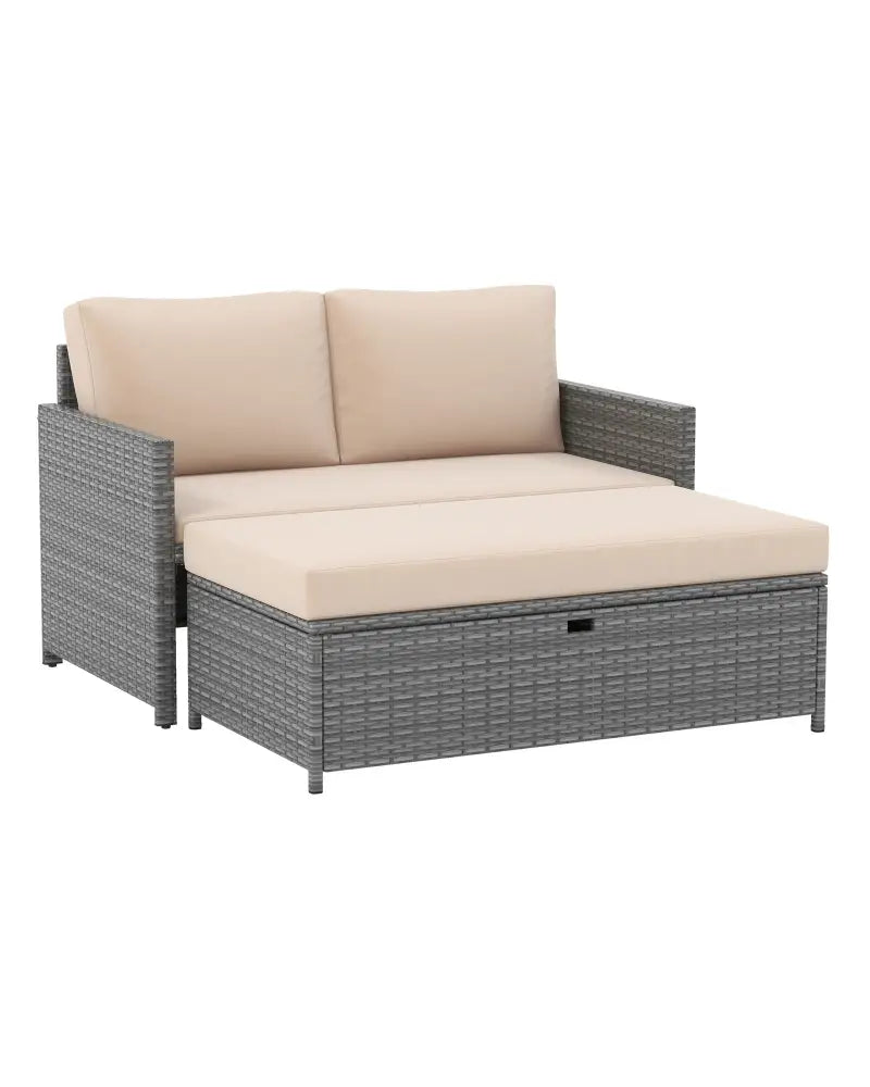 Outdoor Rattan Daybed Wicker Loveseat and 31 Gallon Storage Ottoman-Brown - Brown - Outdoor Sectionals