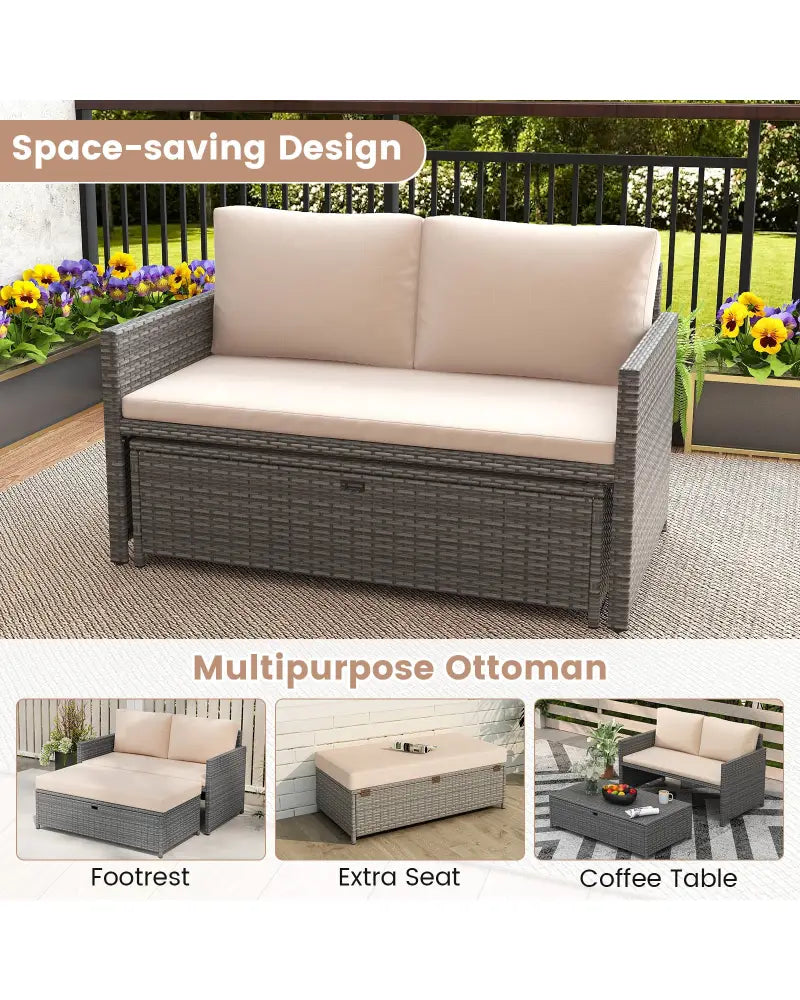 Outdoor Rattan Daybed Wicker Loveseat and 31 Gallon Storage Ottoman-Brown - Brown - Outdoor Sectionals