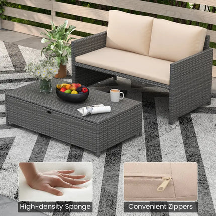 Outdoor Rattan Daybed Wicker Loveseat and 31 Gallon Storage Ottoman-Brown - Brown - Outdoor Sectionals