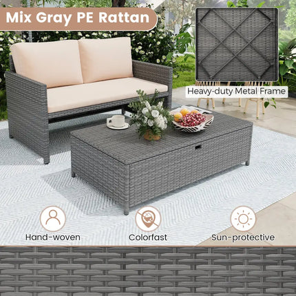 Outdoor Rattan Daybed Wicker Loveseat and 31 Gallon Storage Ottoman-Brown - Brown - Outdoor Sectionals
