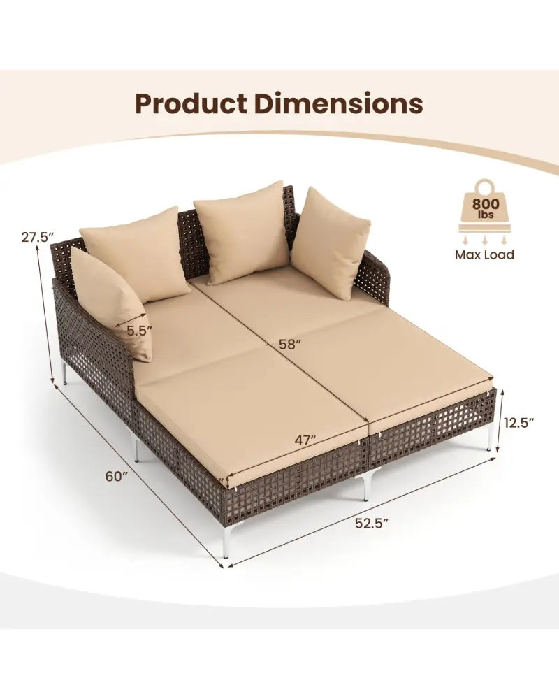 Outdoor Rattan Double Daybed Wicker Chaise Lounge-Brown - Brown - Outdoor Chaise Lounges