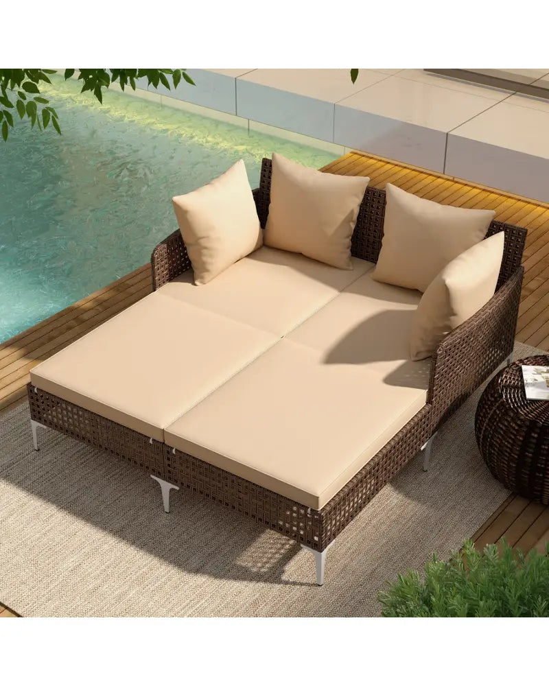 Outdoor Rattan Double Daybed Wicker Chaise Lounge-Brown - Brown - Outdoor Chaise Lounges