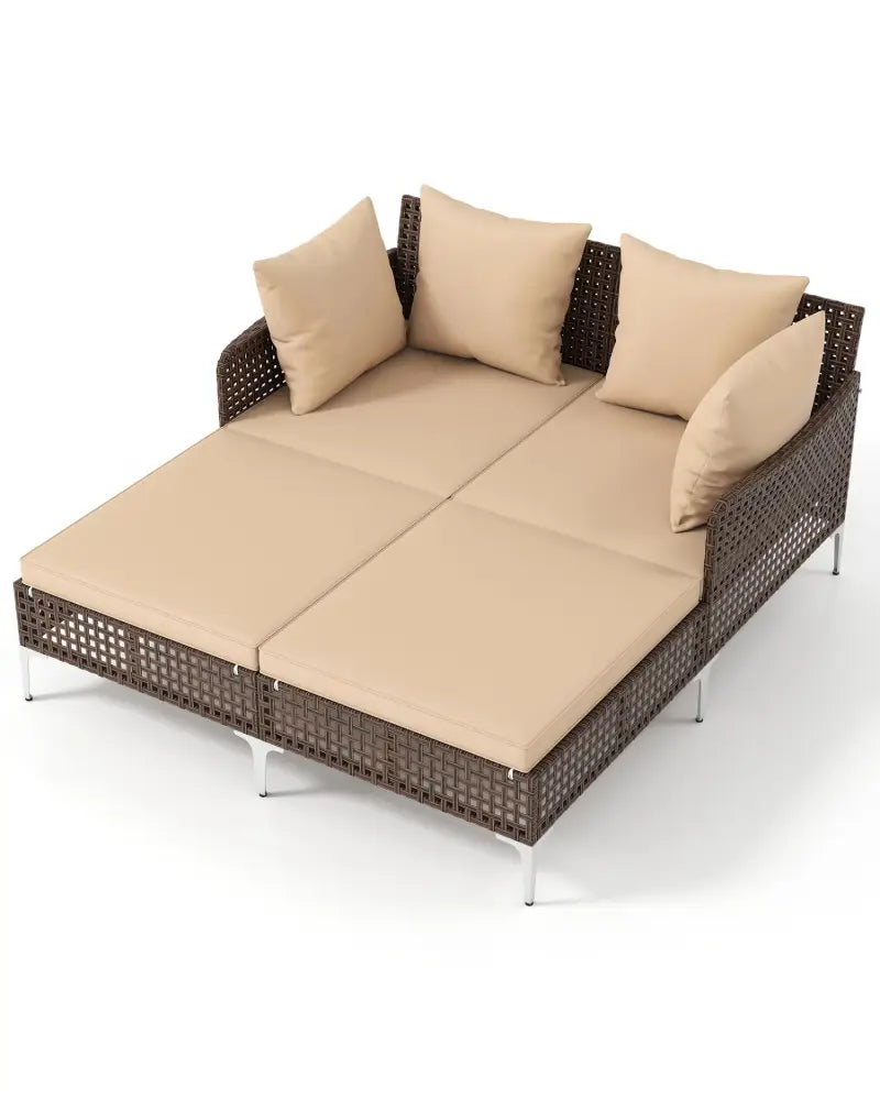 Outdoor Rattan Double Daybed Wicker Chaise Lounge-Brown - Brown - Outdoor Chaise Lounges