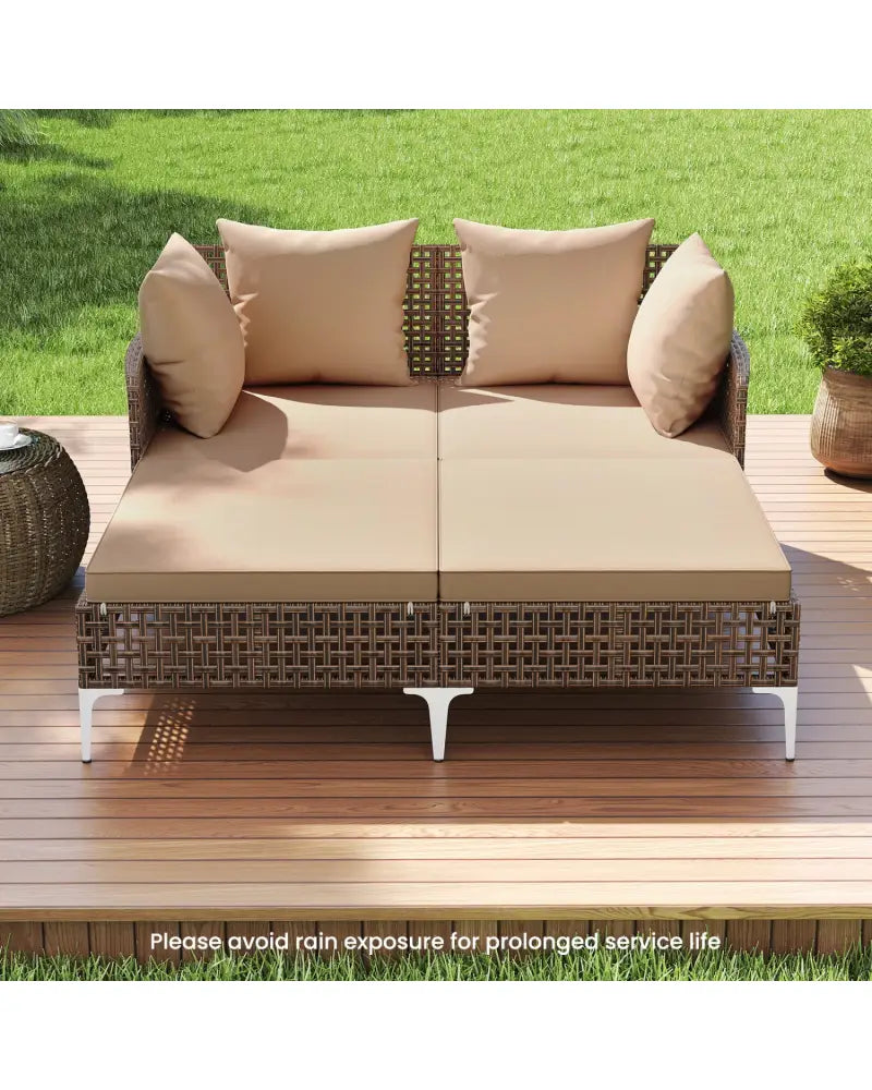 Outdoor Rattan Double Daybed Wicker Chaise Lounge-Brown - Brown - Outdoor Chaise Lounges