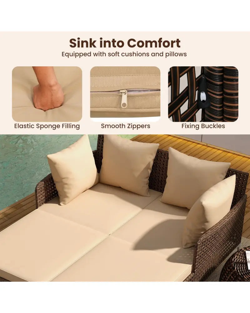 Outdoor Rattan Double Daybed Wicker Chaise Lounge-Brown - Brown - Outdoor Chaise Lounges
