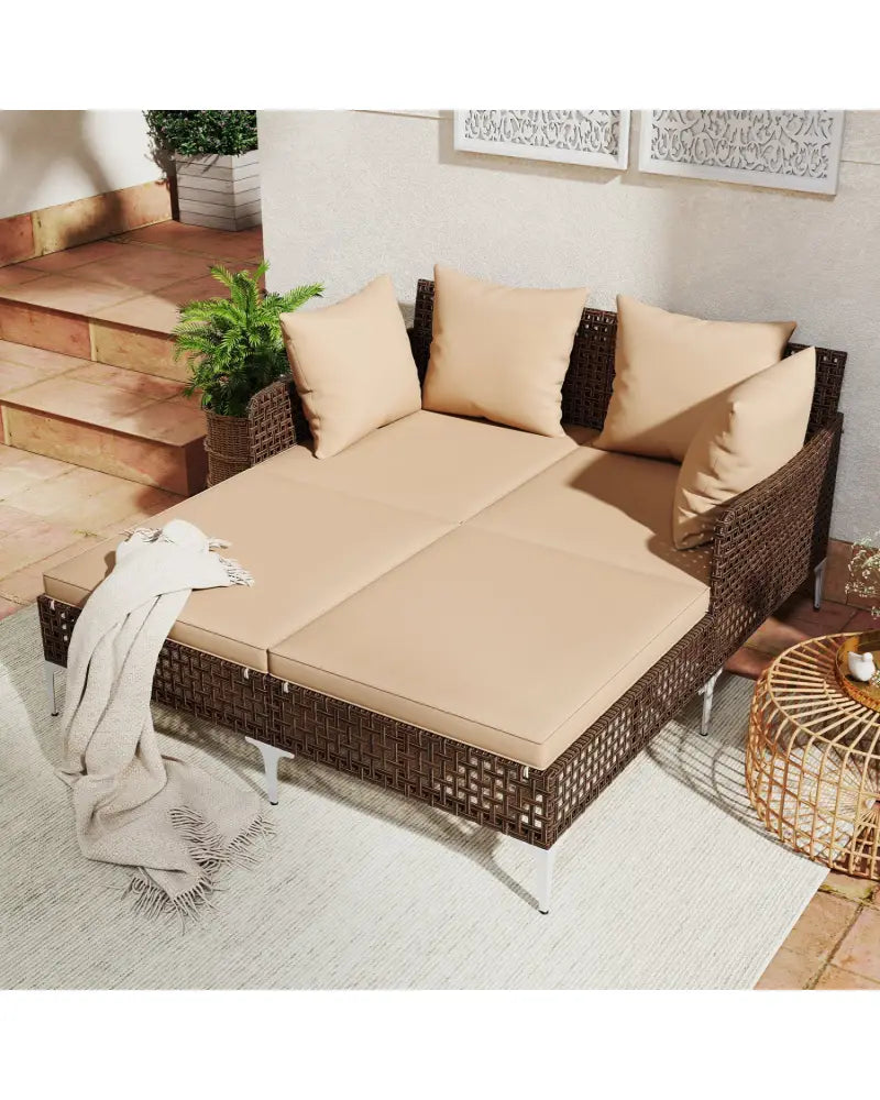 Outdoor Rattan Double Daybed Wicker Chaise Lounge-Brown - Brown - Outdoor Chaise Lounges