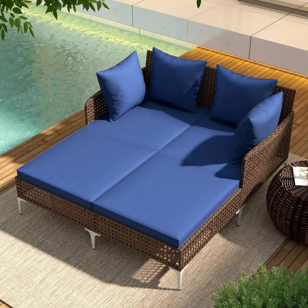 Outdoor Rattan Double Daybed Wicker Chaise Lounge-Navy - Navy - Outdoor Chaise Lounges