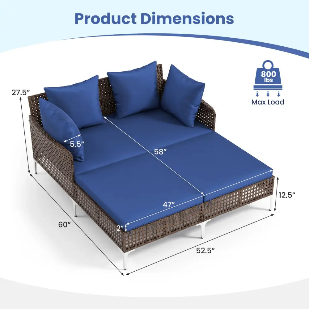 Outdoor Rattan Double Daybed Wicker Chaise Lounge-Navy - Navy - Outdoor Chaise Lounges