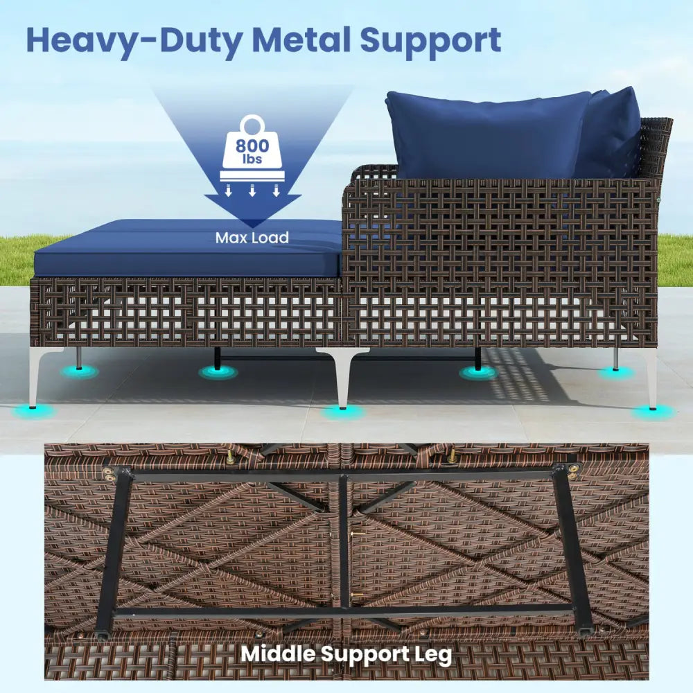 Outdoor Rattan Double Daybed Wicker Chaise Lounge-Navy - Navy - Outdoor Chaise Lounges