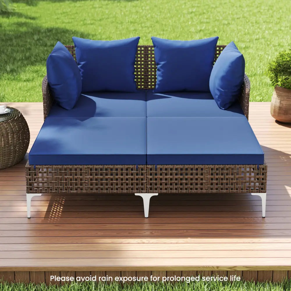 Outdoor Rattan Double Daybed Wicker Chaise Lounge-Navy - Navy - Outdoor Chaise Lounges