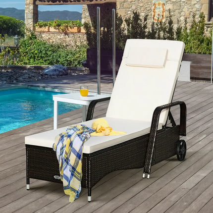 Outdoor Recliner Cushioned Chaise Lounge with Adjustable Backrest-White - White - Outdoor Chaise Lounges