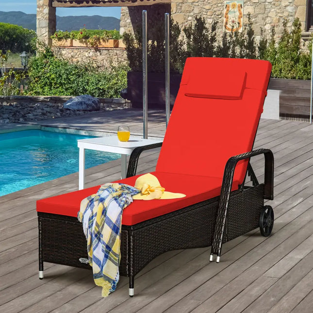 Outdoor Recliner Cushioned Chaise Lounge with Adjustable Backrest-Red & White - Red & White - Outdoor Chaise Lounges