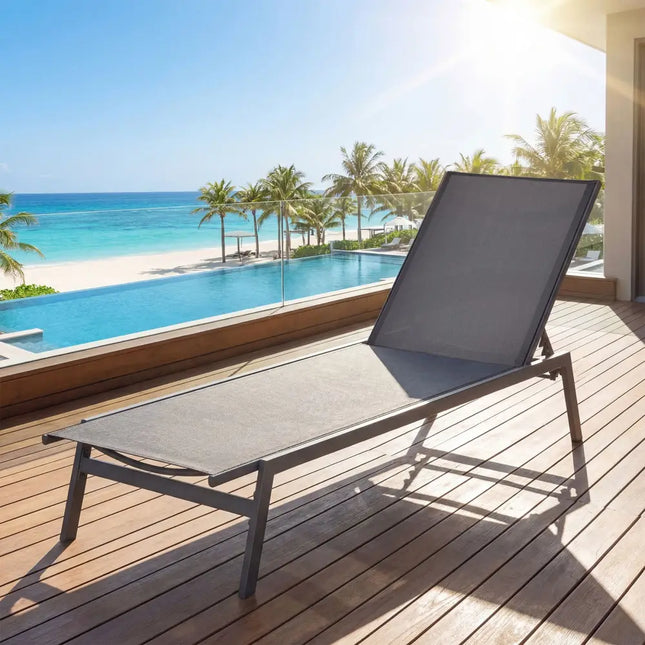 Outdoor Reclining Chaise Lounge Chair with 6-Position Adjustable Back-Gray - Gray - Outdoor Chaise Lounges