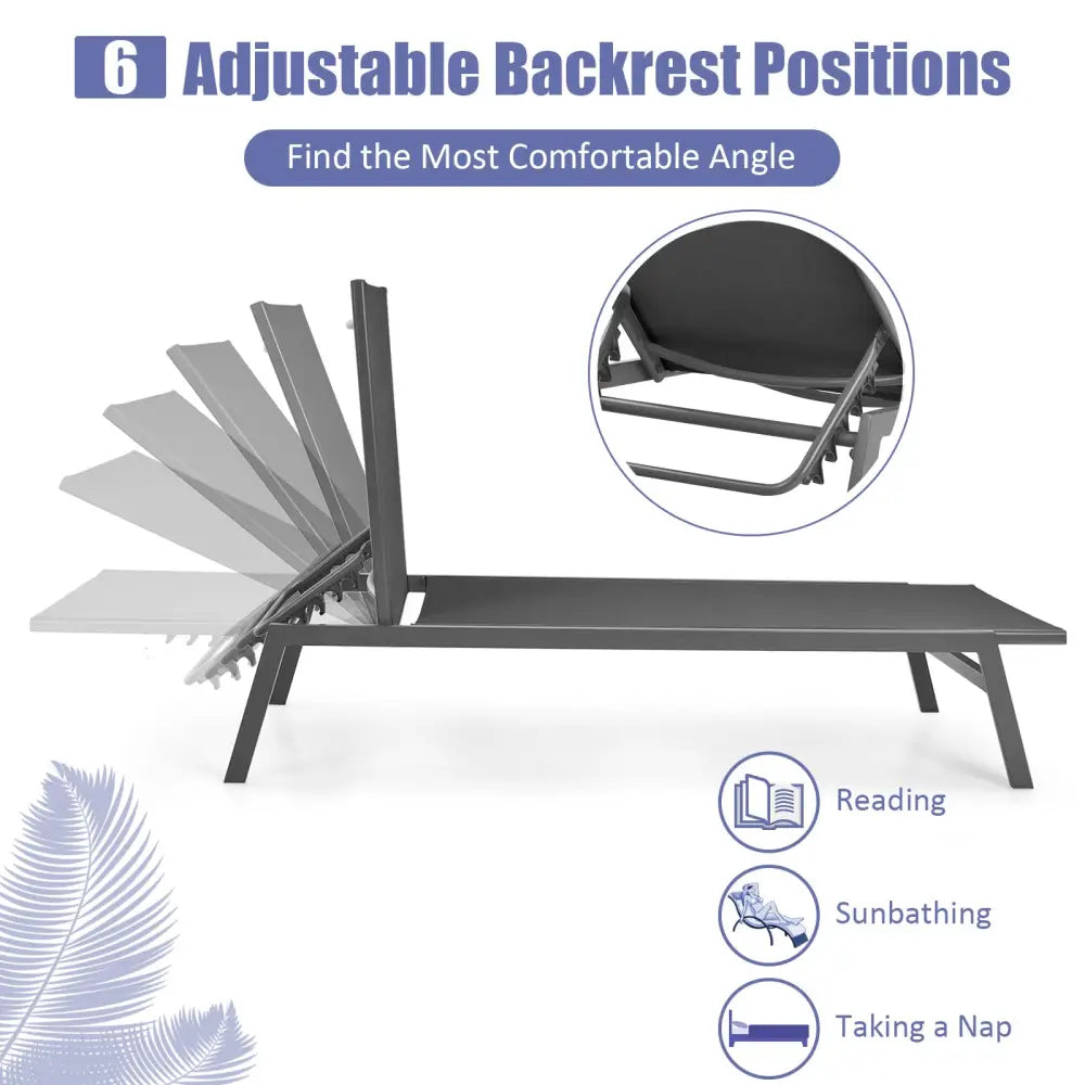 Outdoor Reclining Chaise Lounge Chair with 6-Position Adjustable Back-Gray - Gray - Outdoor Chaise Lounges