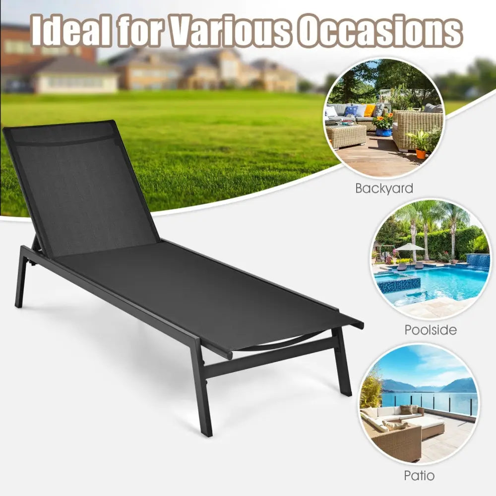 Outdoor Reclining Chaise Lounge Chair with 6-Position Adjustable Back-Black - Black - Outdoor Chaise Lounges